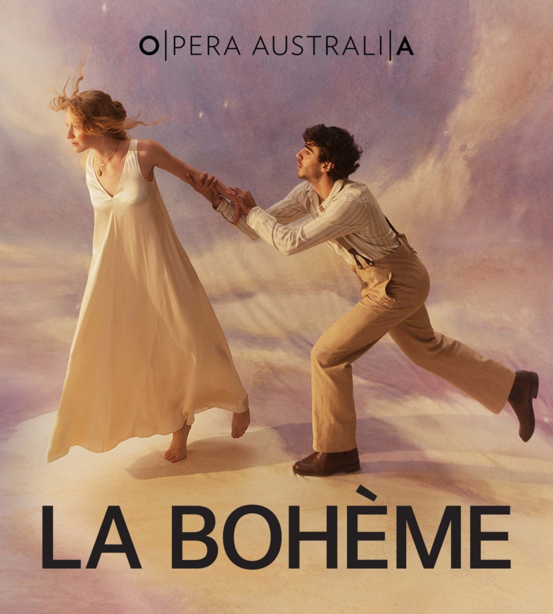 "OPERA AUSTRALIA" and "LA BOHÈME" on an image of a couple running on clouds.