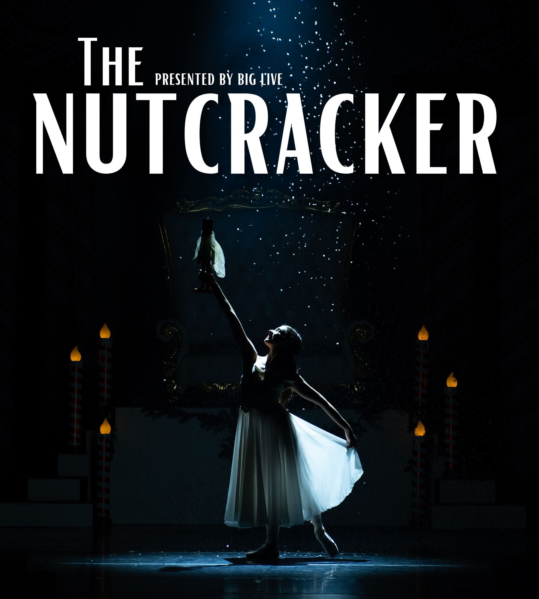 Ballerina in white dress on dark stage with falling snow, 'The Nutcracker' text.