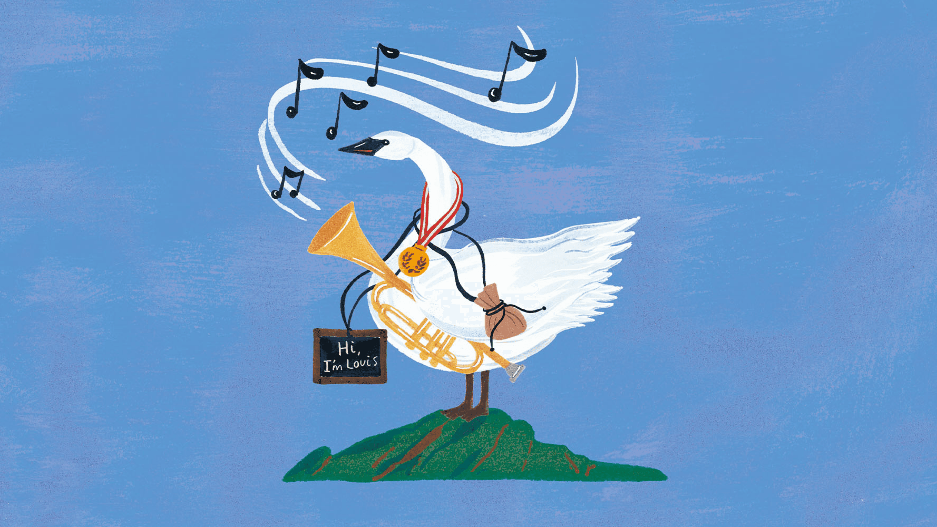 White goose plays golden trumpet with 'MR. TALENT' sign, musical notes float above.