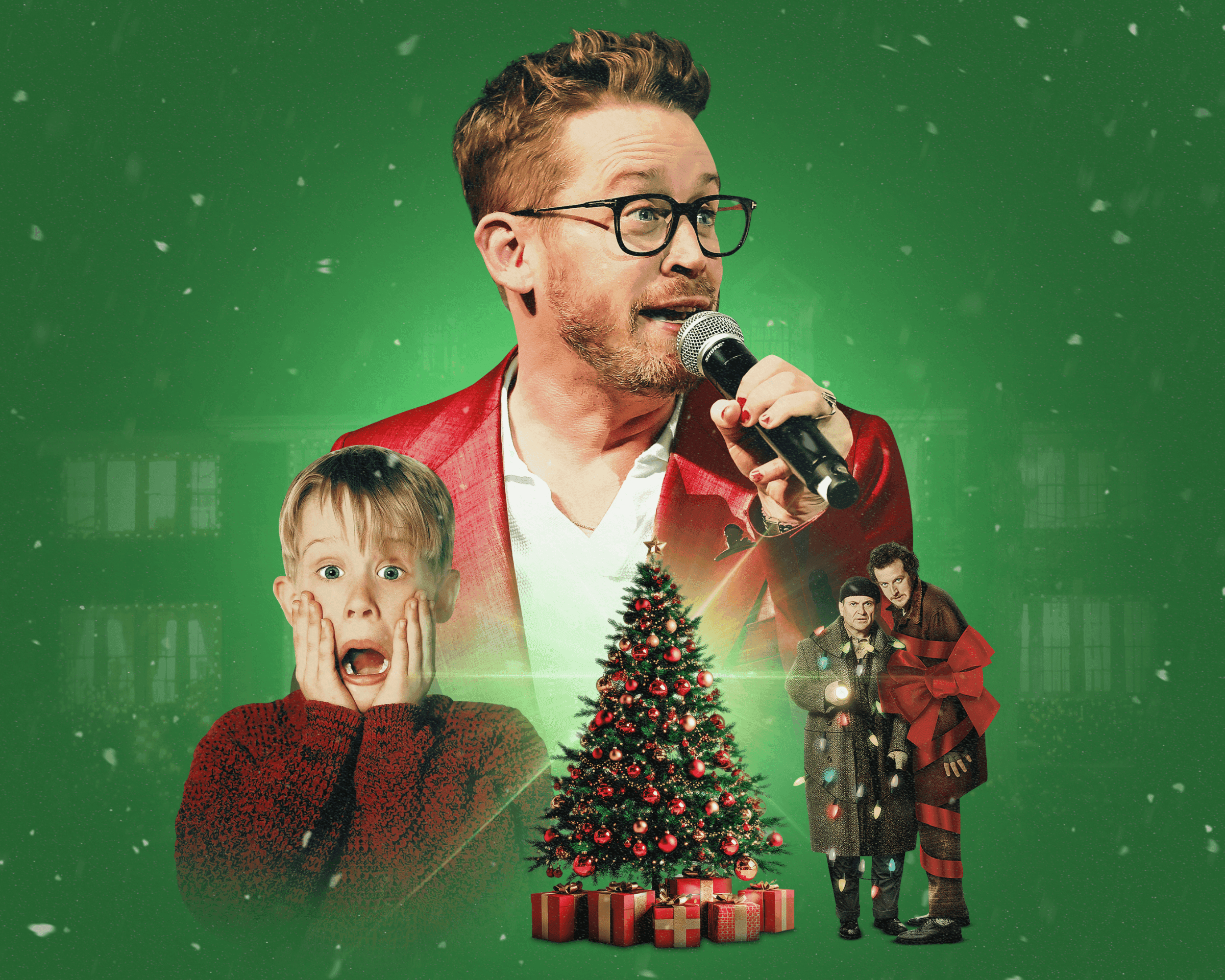 Man sings into a microphone with Kevin McCallister, burglars, and a Christmas tree.