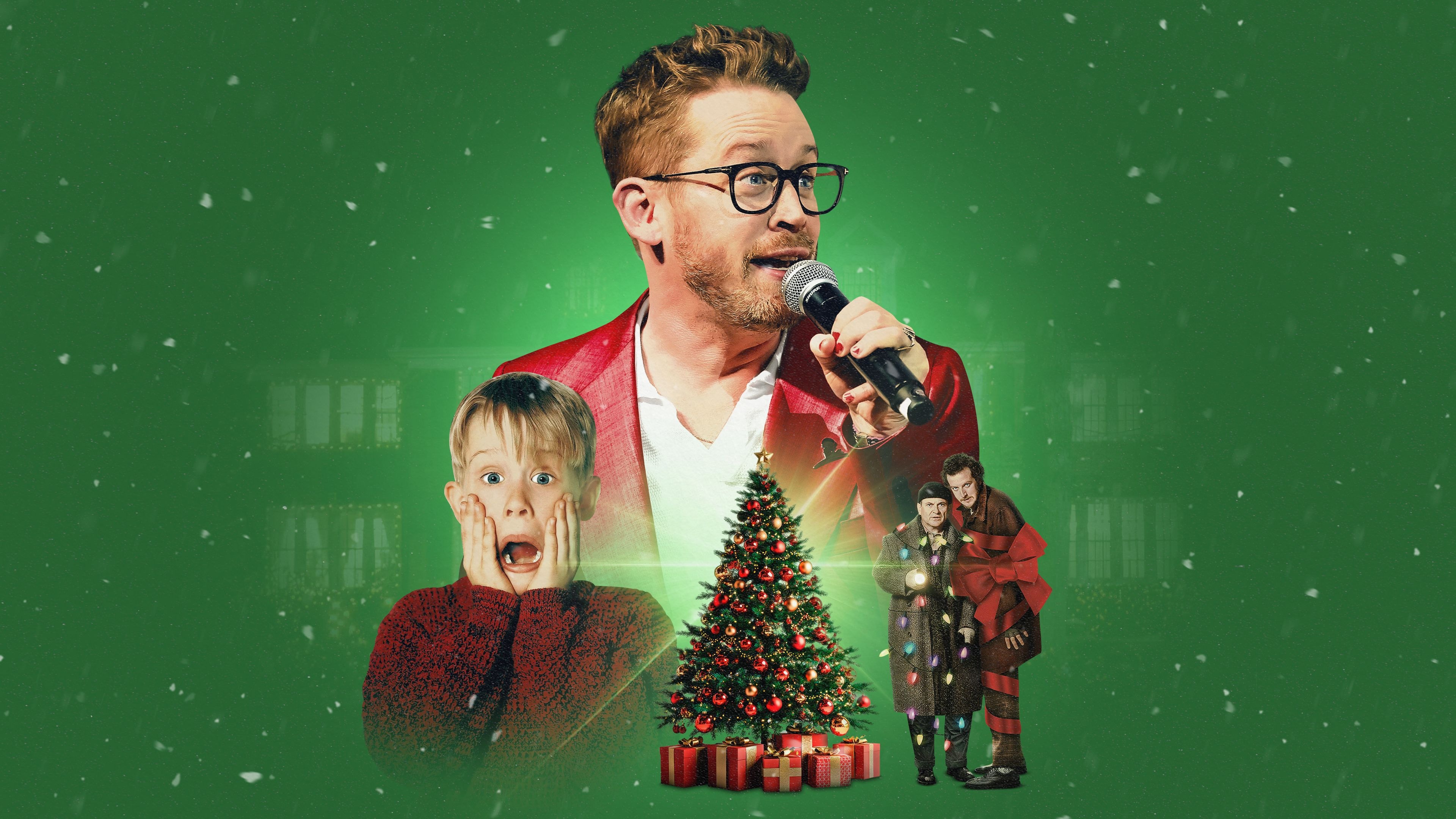Singer in red jacket, Macaulay Culkin, decorated Christmas tree, and holiday movie figures.